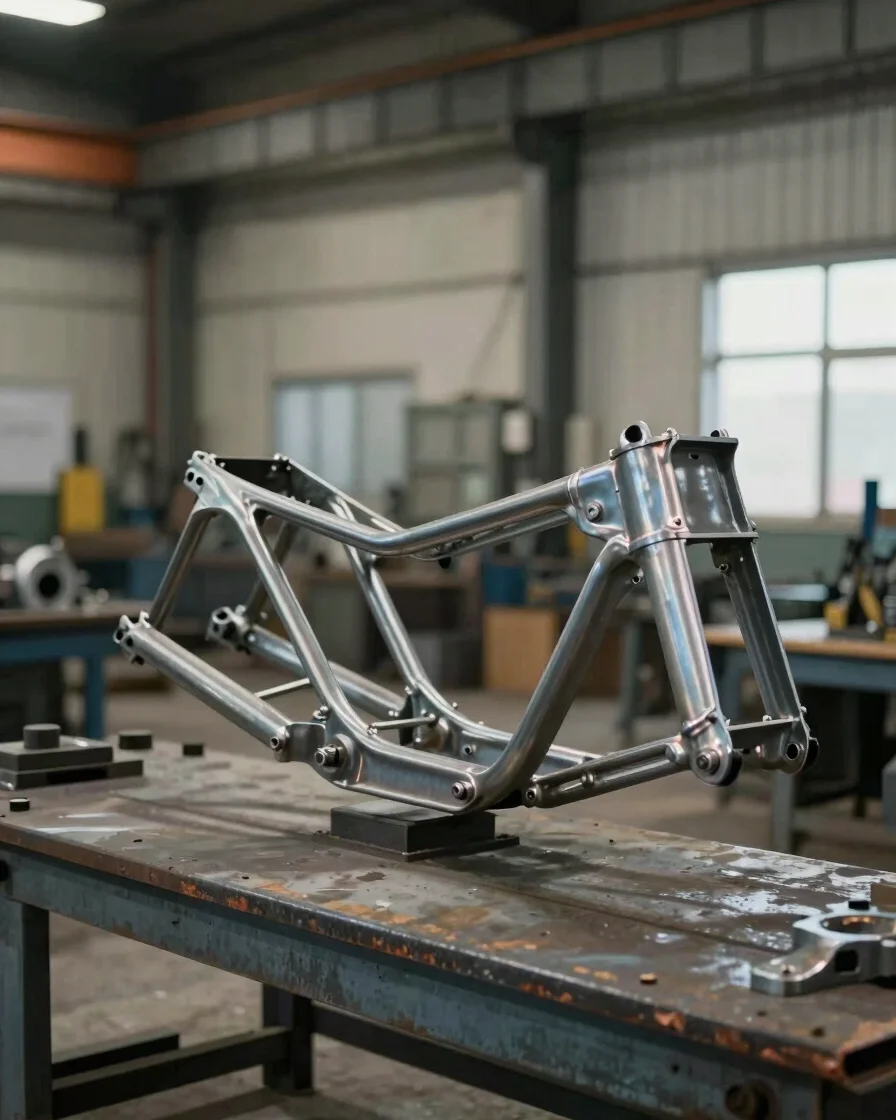 Industrial editorial photograph of a steel fabrication workshop,